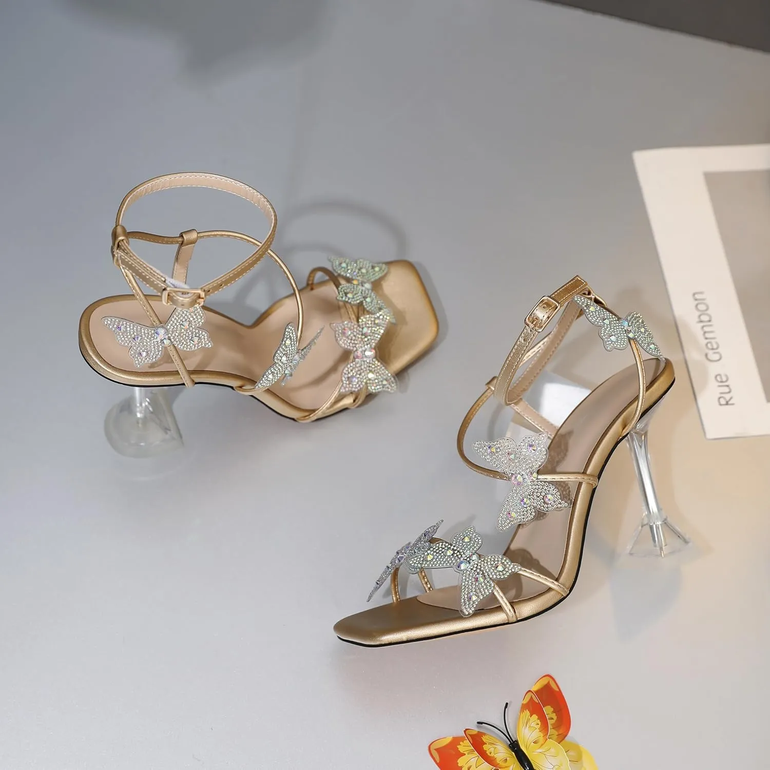 Joseywade Butterfly Heels Heeled Sandals Rhinestone Crystal Butterflies Heels Open Toe Clear Spool High Heels 4 Inch Women's Shoes