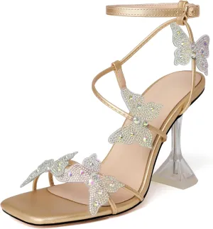 Joseywade Butterfly Heels Heeled Sandals Rhinestone Crystal Butterflies Heels Open Toe Clear Spool High Heels 4 Inch Women's Shoes