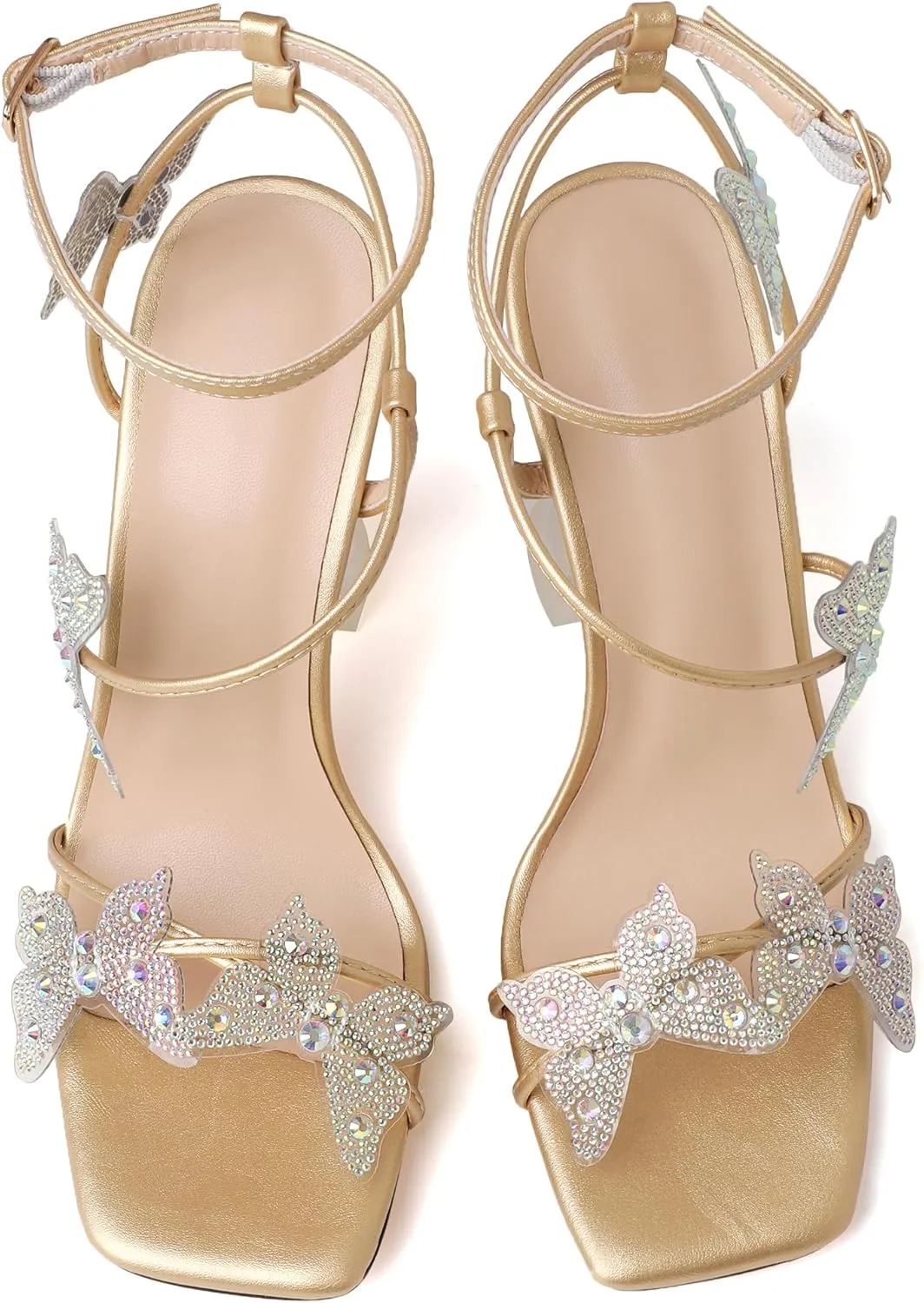 Joseywade Butterfly Heels Heeled Sandals Rhinestone Crystal Butterflies Heels Open Toe Clear Spool High Heels 4 Inch Women's Shoes