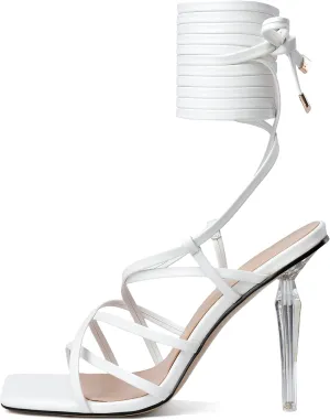Joseywade Women's High Heel Sandals Open Square Toe Lace Up Heels 4" Strappy Stiletto Heels Wrap Up Tie Up Clear Heel Shoes