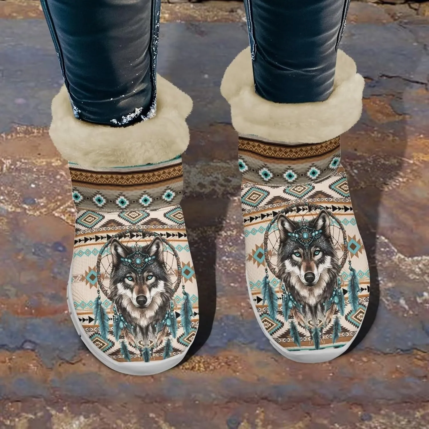 JoyLamoria Funny Santa Claus Reindeer Print Snow Boots for Women Christmas Blue Snowflake Fuzzy Boots Walking Sneakers Boots Warm Lined Boots Anti Slip for Outdoor