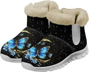 JoyLamoria Funny Santa Claus Reindeer Print Snow Boots for Women Christmas Blue Snowflake Fuzzy Boots Walking Sneakers Boots Warm Lined Boots Anti Slip for Outdoor