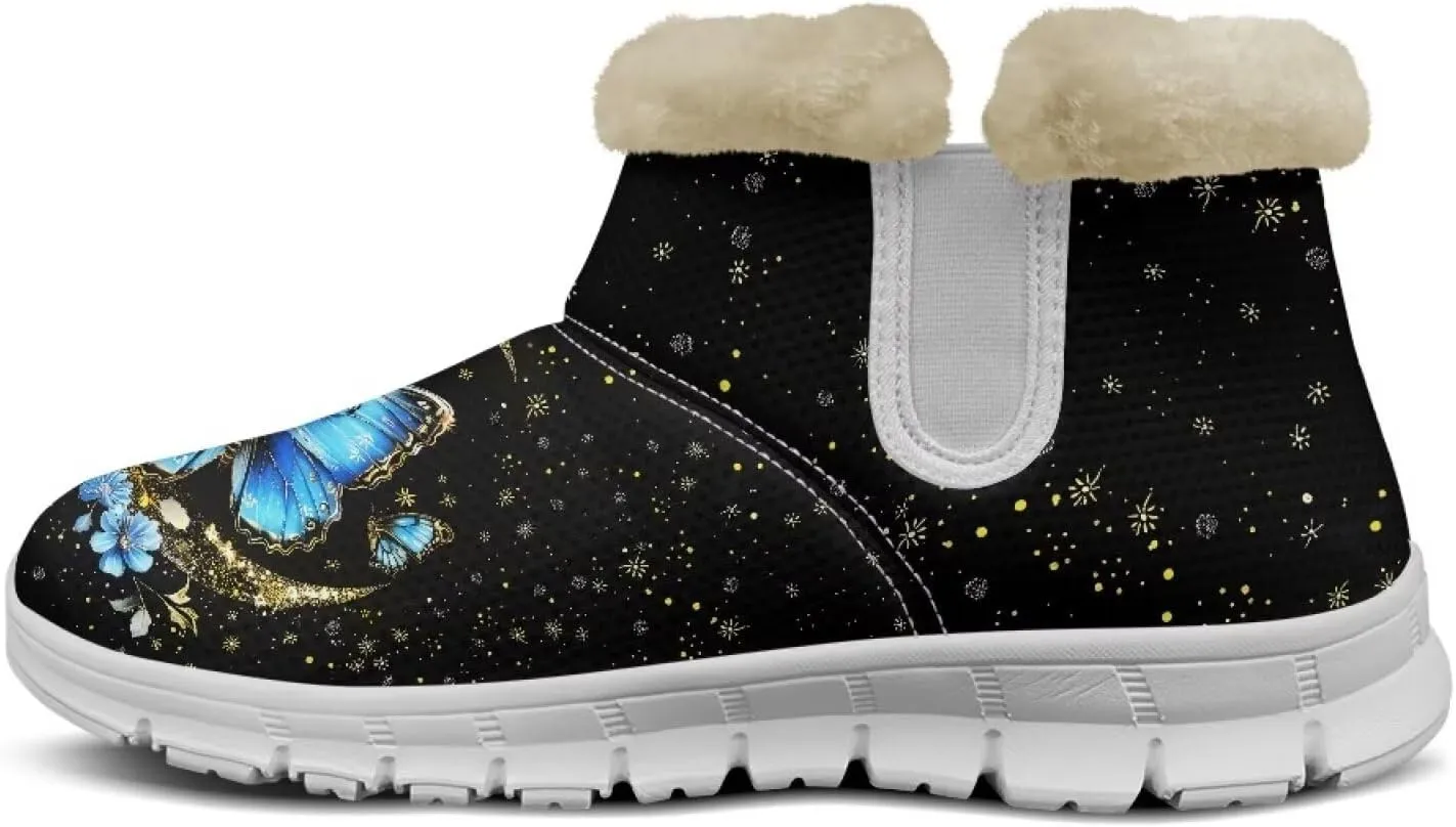 JoyLamoria Funny Santa Claus Reindeer Print Snow Boots for Women Christmas Blue Snowflake Fuzzy Boots Walking Sneakers Boots Warm Lined Boots Anti Slip for Outdoor