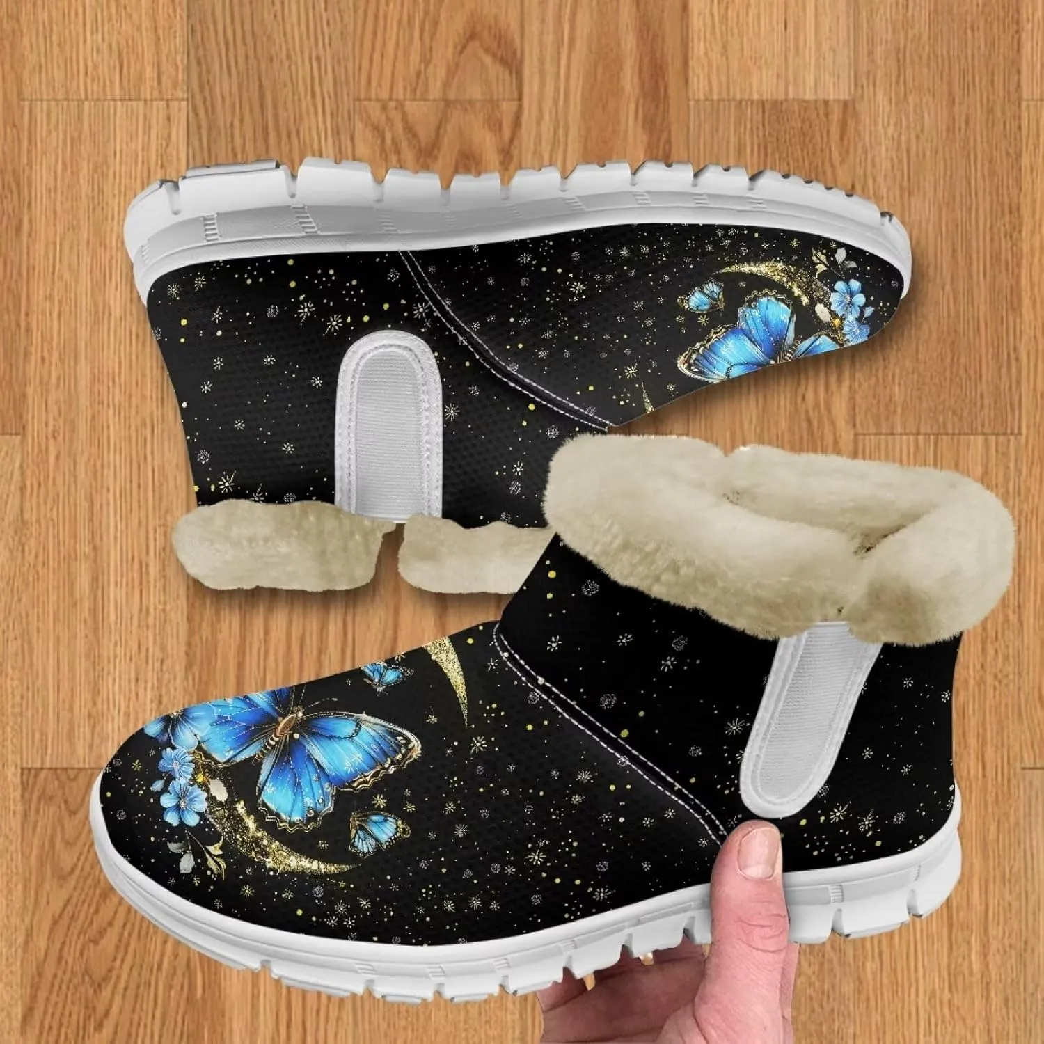 JoyLamoria Funny Santa Claus Reindeer Print Snow Boots for Women Christmas Blue Snowflake Fuzzy Boots Walking Sneakers Boots Warm Lined Boots Anti Slip for Outdoor