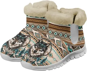 JoyLamoria Funny Santa Claus Reindeer Print Snow Boots for Women Christmas Blue Snowflake Fuzzy Boots Walking Sneakers Boots Warm Lined Boots Anti Slip for Outdoor