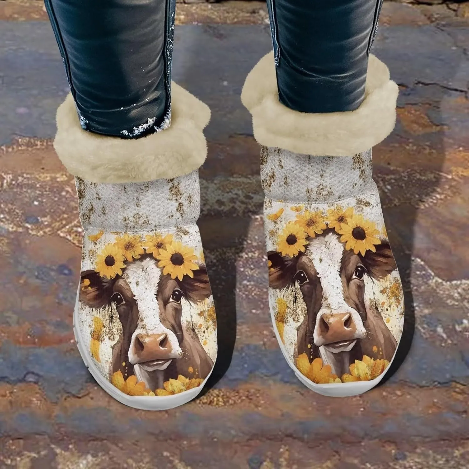 JoyLamoria Funny Santa Claus Reindeer Print Snow Boots for Women Christmas Blue Snowflake Fuzzy Boots Walking Sneakers Boots Warm Lined Boots Anti Slip for Outdoor