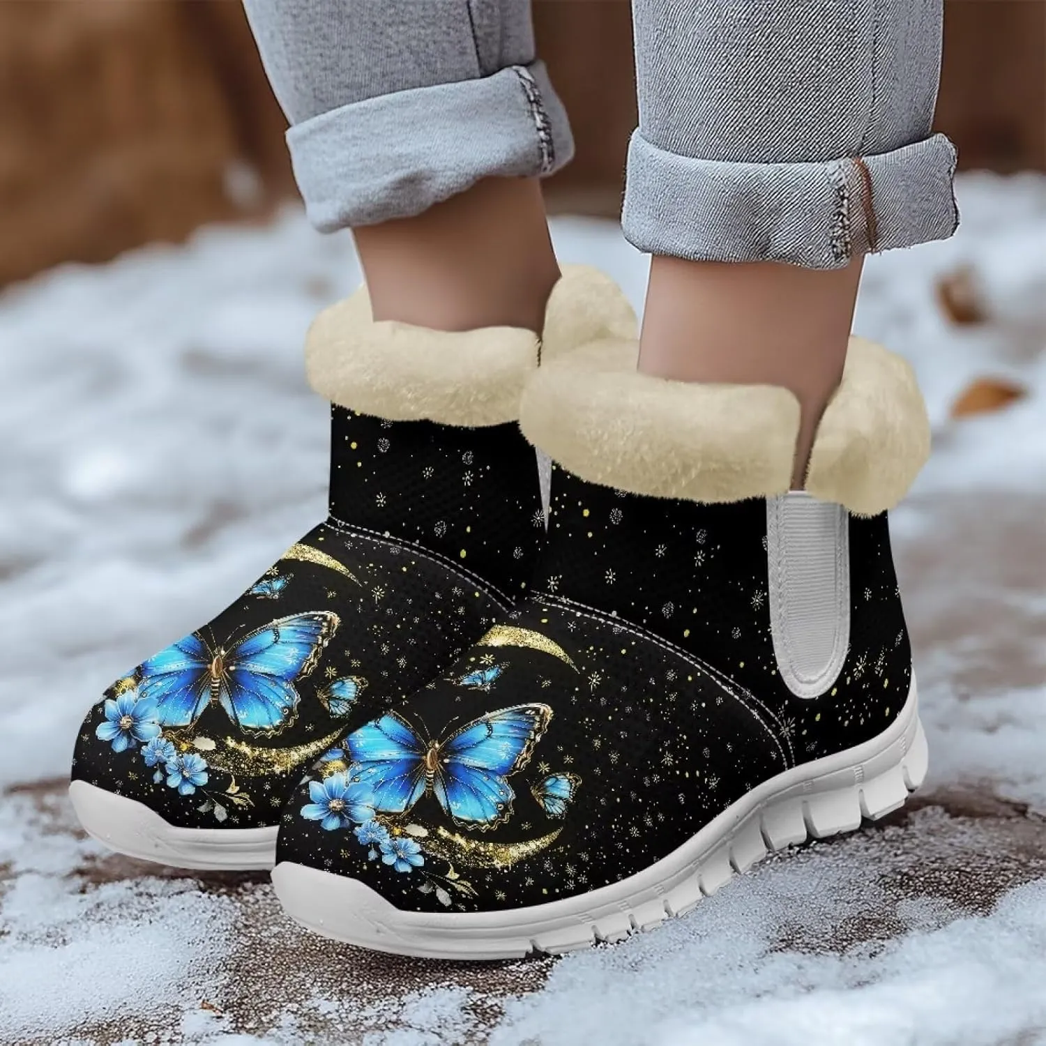 JoyLamoria Funny Santa Claus Reindeer Print Snow Boots for Women Christmas Blue Snowflake Fuzzy Boots Walking Sneakers Boots Warm Lined Boots Anti Slip for Outdoor
