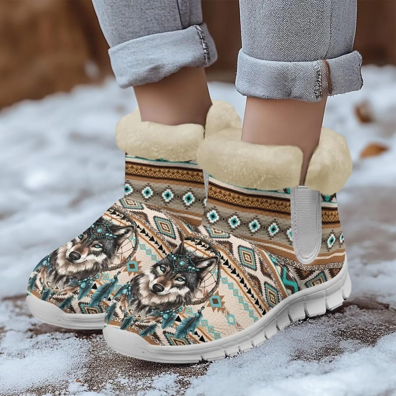 JoyLamoria Funny Santa Claus Reindeer Print Snow Boots for Women Christmas Blue Snowflake Fuzzy Boots Walking Sneakers Boots Warm Lined Boots Anti Slip for Outdoor