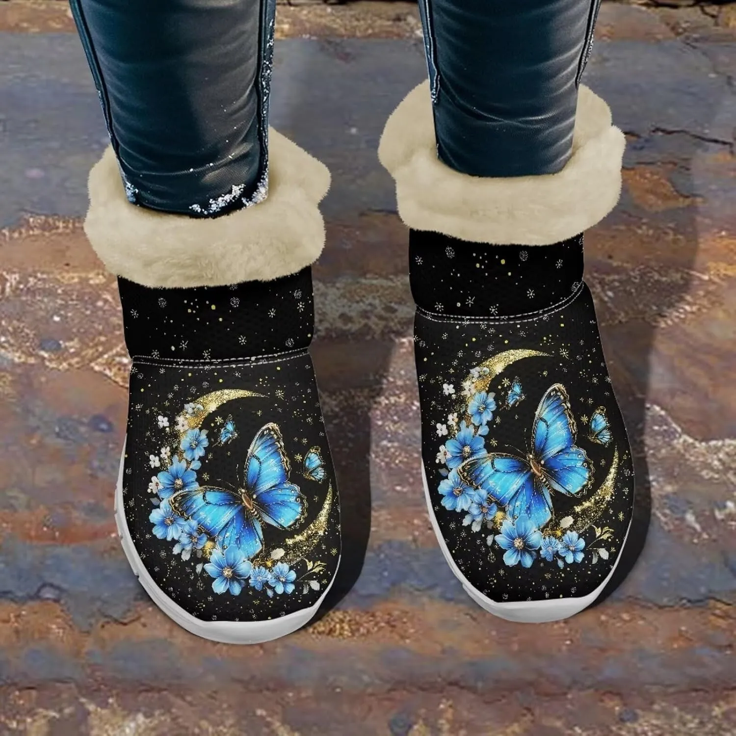 JoyLamoria Funny Santa Claus Reindeer Print Snow Boots for Women Christmas Blue Snowflake Fuzzy Boots Walking Sneakers Boots Warm Lined Boots Anti Slip for Outdoor