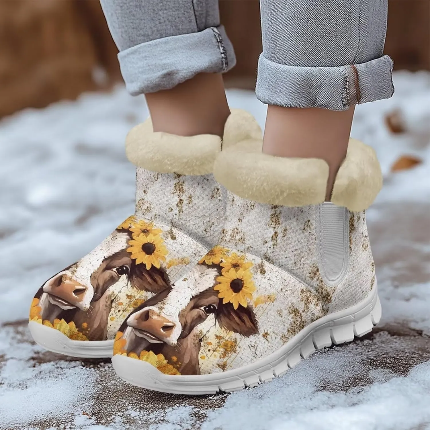 JoyLamoria Funny Santa Claus Reindeer Print Snow Boots for Women Christmas Blue Snowflake Fuzzy Boots Walking Sneakers Boots Warm Lined Boots Anti Slip for Outdoor