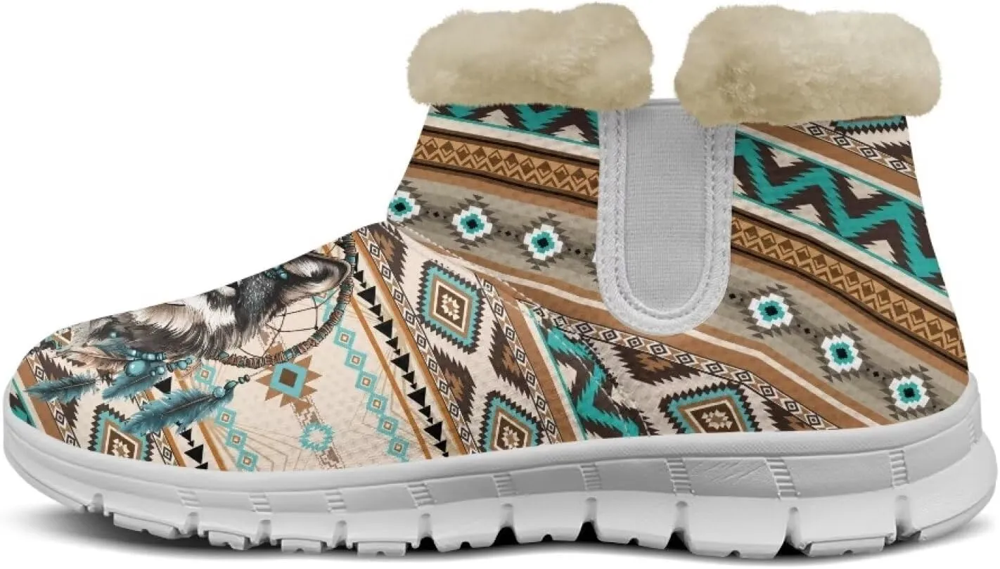 JoyLamoria Funny Santa Claus Reindeer Print Snow Boots for Women Christmas Blue Snowflake Fuzzy Boots Walking Sneakers Boots Warm Lined Boots Anti Slip for Outdoor