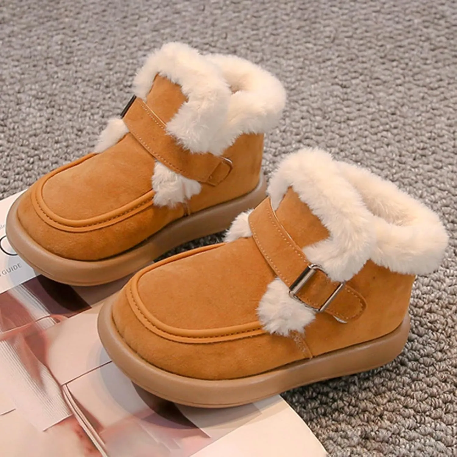 Kids Furry Warm Winter Ankle Boots Boys Girls Cozy Fleece Plush Soft Fuzzy F𝐮r Collar Snow-Proof Platform Shoes