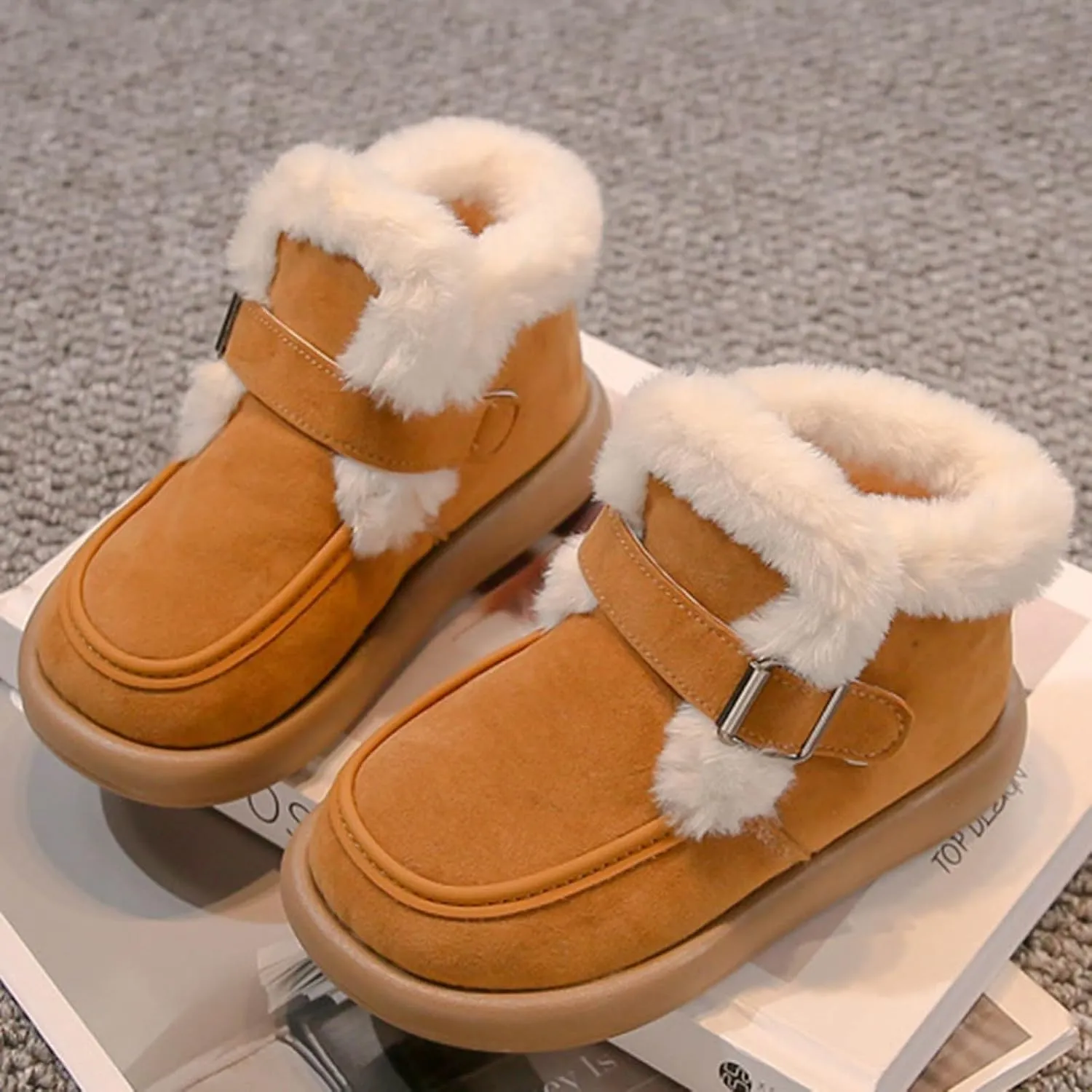 Kids Furry Warm Winter Ankle Boots Boys Girls Cozy Fleece Plush Soft Fuzzy F𝐮r Collar Snow-Proof Platform Shoes