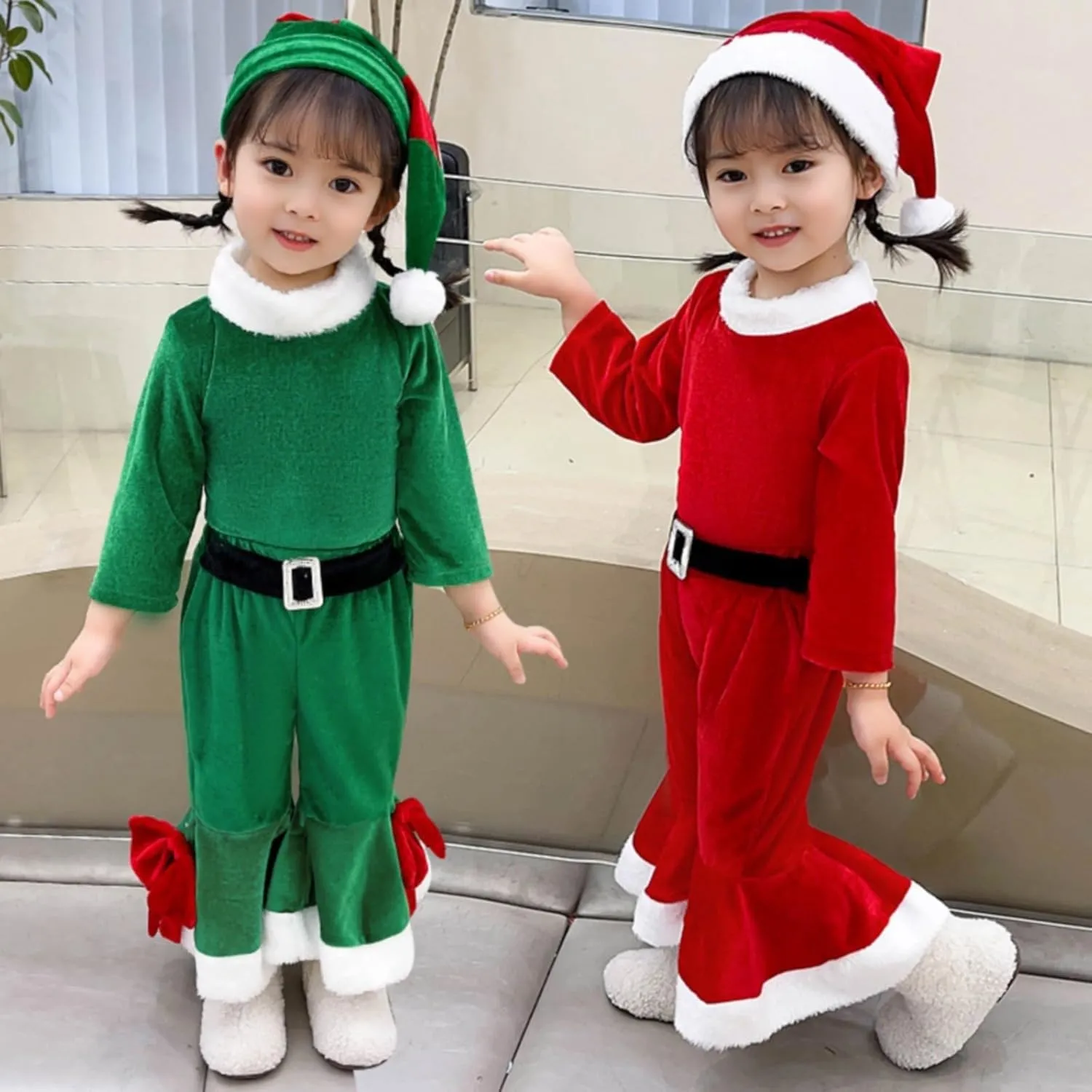 Kids Girls Boys Christmas Outfits Baby Santa Costumes Toddler Velvet Long Sleeve Tops Bell Bottom Pants Hat