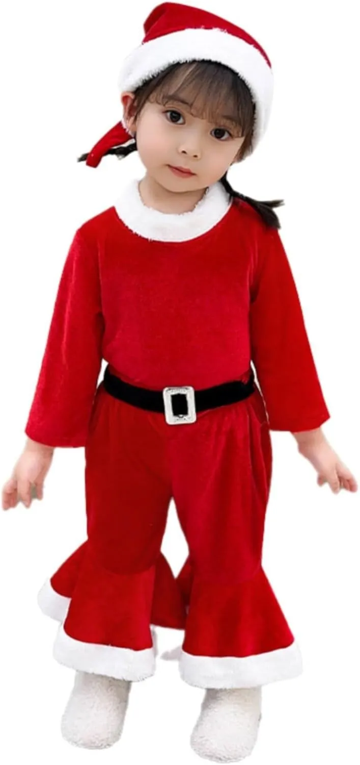 Kids Girls Boys Christmas Outfits Baby Santa Costumes Toddler Velvet Long Sleeve Tops Bell Bottom Pants Hat