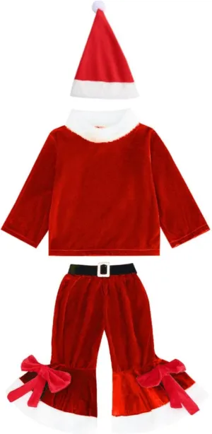 Kids Girls Boys Christmas Outfits Baby Santa Costumes Toddler Velvet Long Sleeve Tops Bell Bottom Pants Hat