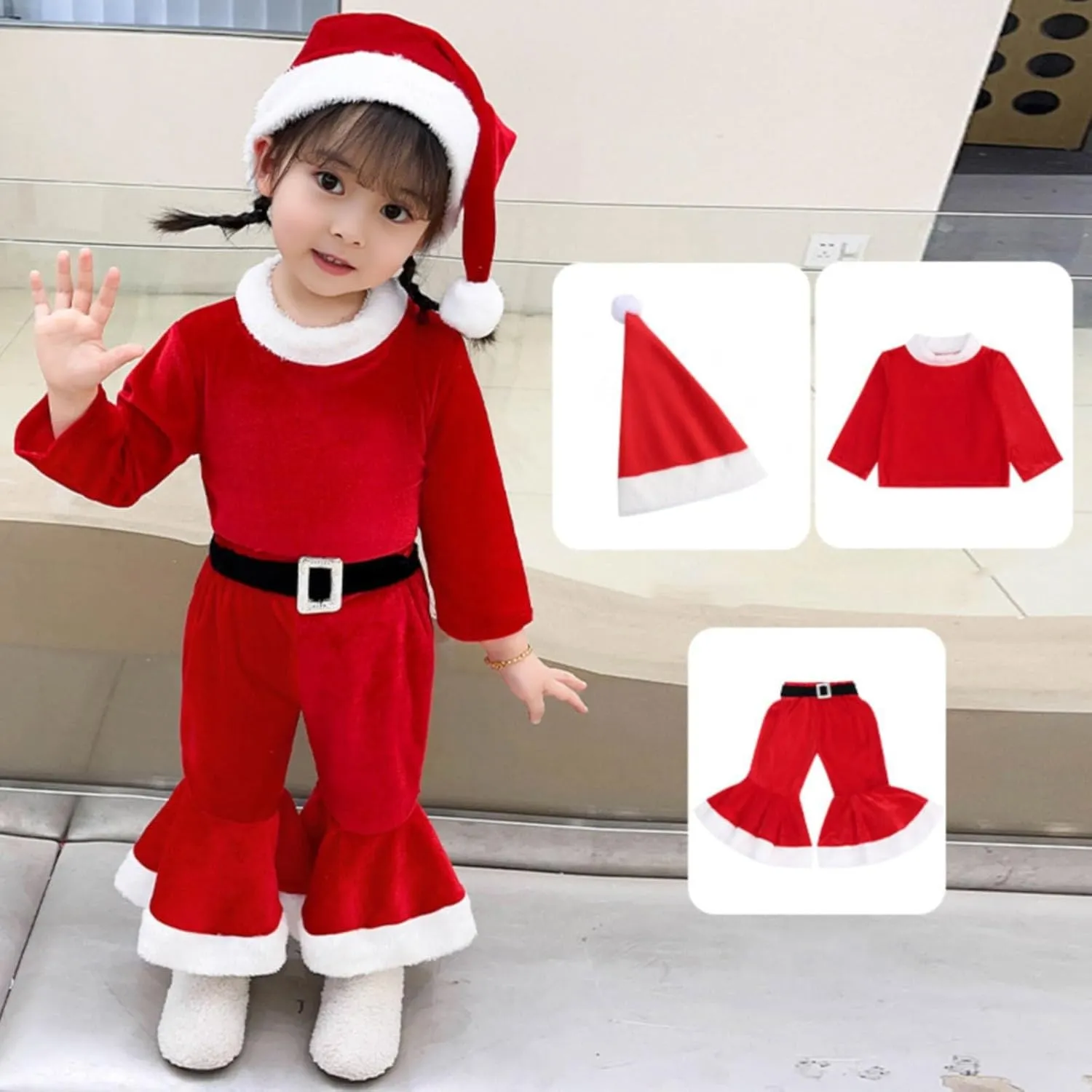 Kids Girls Boys Christmas Outfits Baby Santa Costumes Toddler Velvet Long Sleeve Tops Bell Bottom Pants Hat
