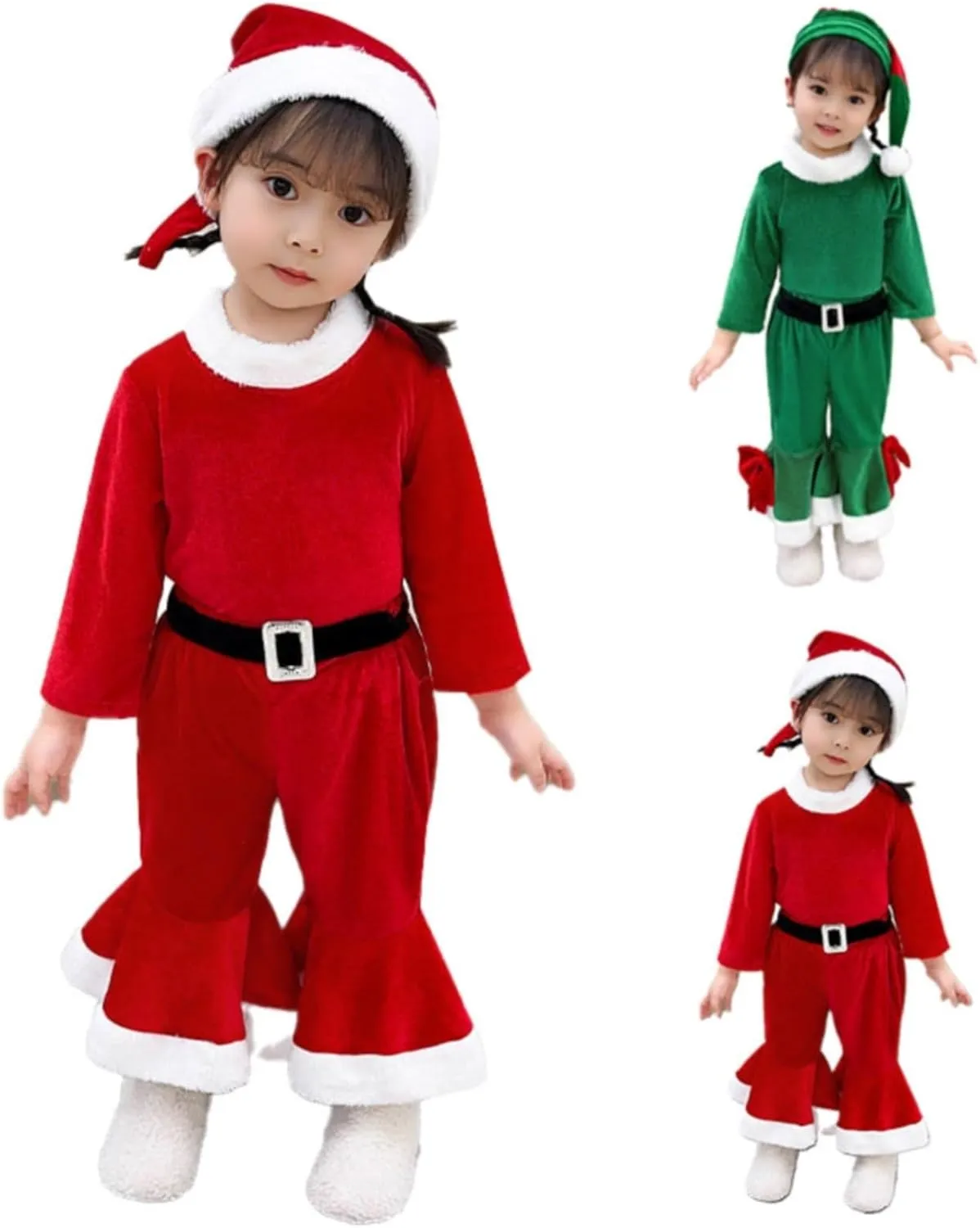 Kids Girls Boys Christmas Outfits Baby Santa Costumes Toddler Velvet Long Sleeve Tops Bell Bottom Pants Hat