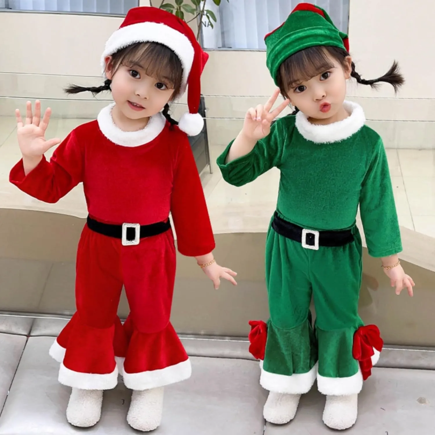 Kids Girls Boys Christmas Outfits Baby Santa Costumes Toddler Velvet Long Sleeve Tops Bell Bottom Pants Hat