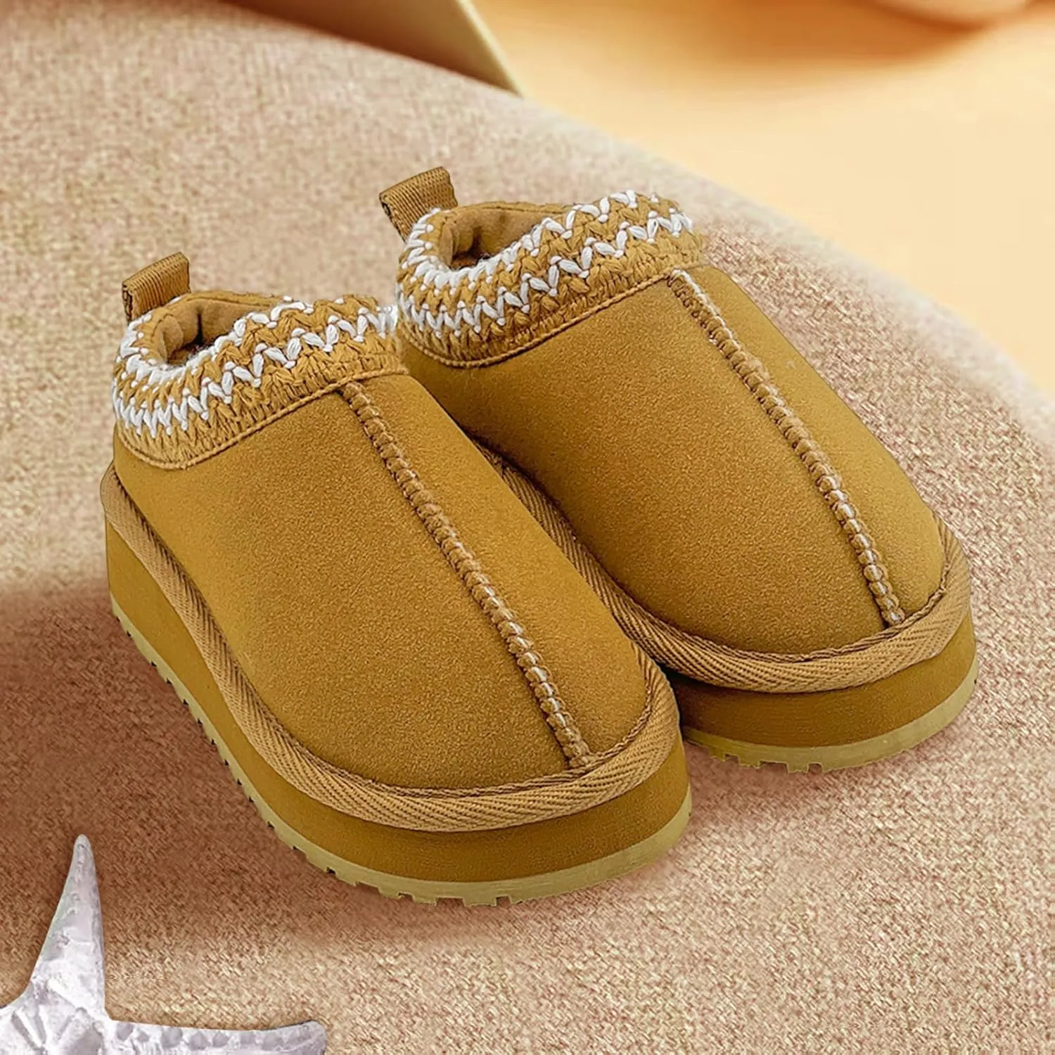 Kids Platform Slippers - Cozy Faux Fur Lined Warm Indoor Outdoor Home Plush Mini Boots for Little and Big Kids