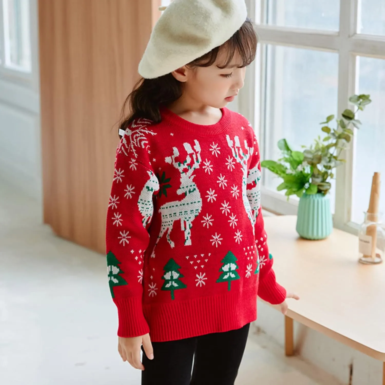 Kids Toddler Boy Girl Christmas Sweater Long Sleeve Round Neck Blouse Deer Print Knit Pullover Christmas Dressup Outfit