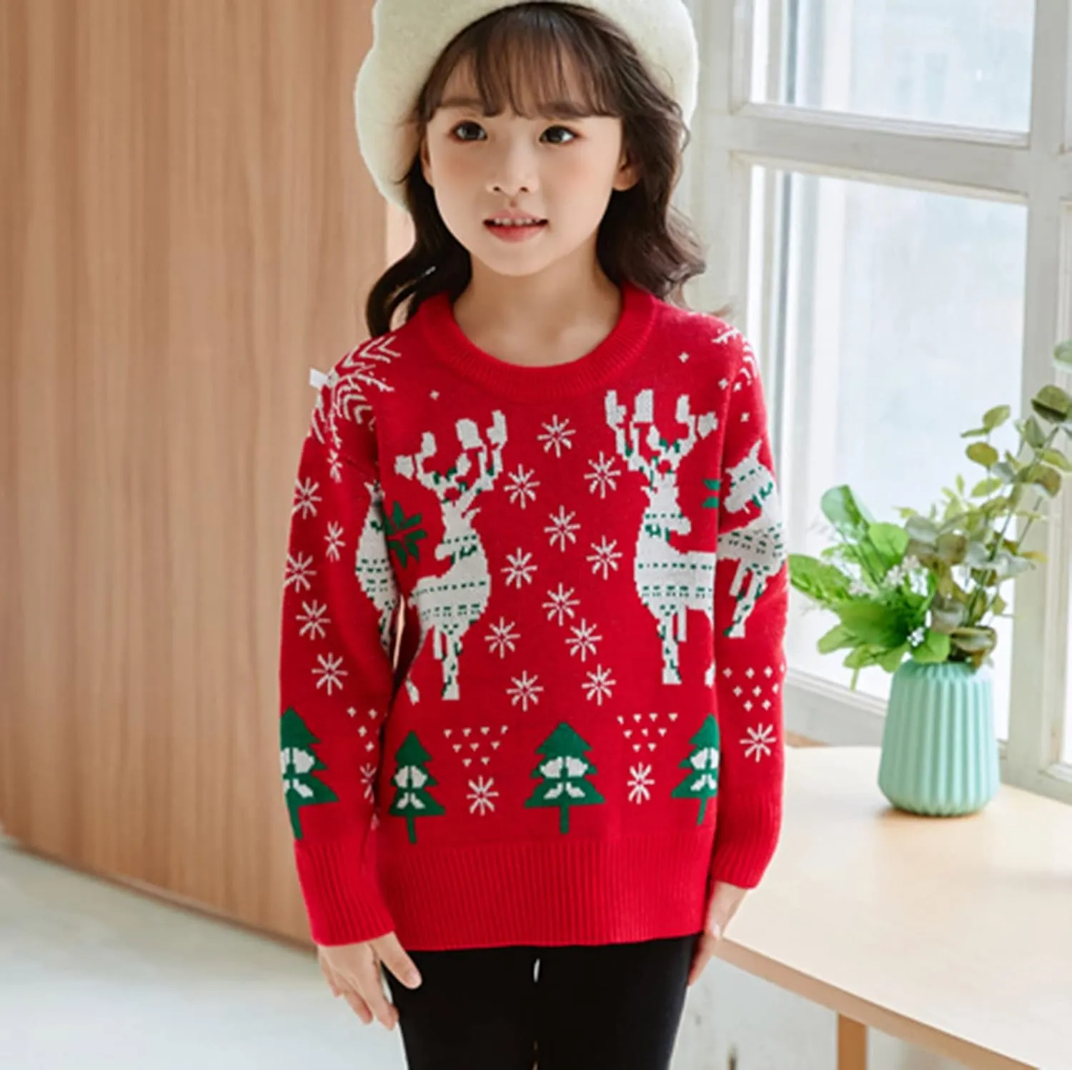 Kids Toddler Boy Girl Christmas Sweater Long Sleeve Round Neck Blouse Deer Print Knit Pullover Christmas Dressup Outfit