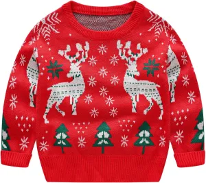 Kids Toddler Boy Girl Christmas Sweater Long Sleeve Round Neck Blouse Deer Print Knit Pullover Christmas Dressup Outfit