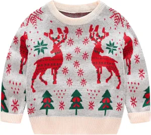 Kids Toddler Boy Girl Christmas Sweater Long Sleeve Round Neck Blouse Deer Print Knit Pullover Christmas Dressup Outfit