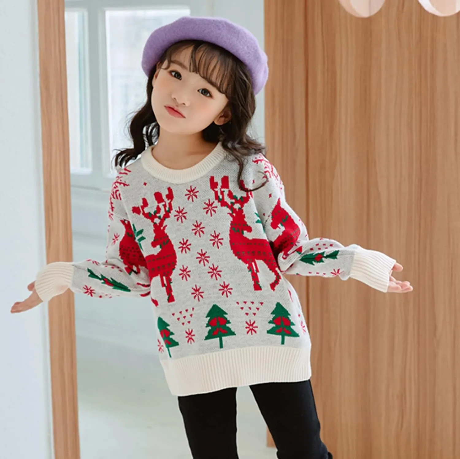 Kids Toddler Boy Girl Christmas Sweater Long Sleeve Round Neck Blouse Deer Print Knit Pullover Christmas Dressup Outfit