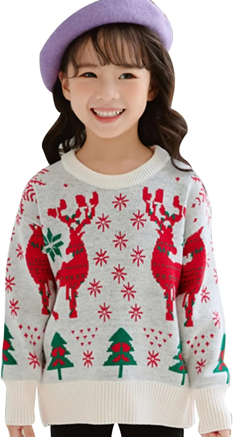 Kids Toddler Boy Girl Christmas Sweater Long Sleeve Round Neck Blouse Deer Print Knit Pullover Christmas Dressup Outfit