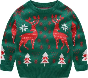 Kids Toddler Boy Girl Christmas Sweater Long Sleeve Round Neck Blouse Deer Print Knit Pullover Christmas Dressup Outfit