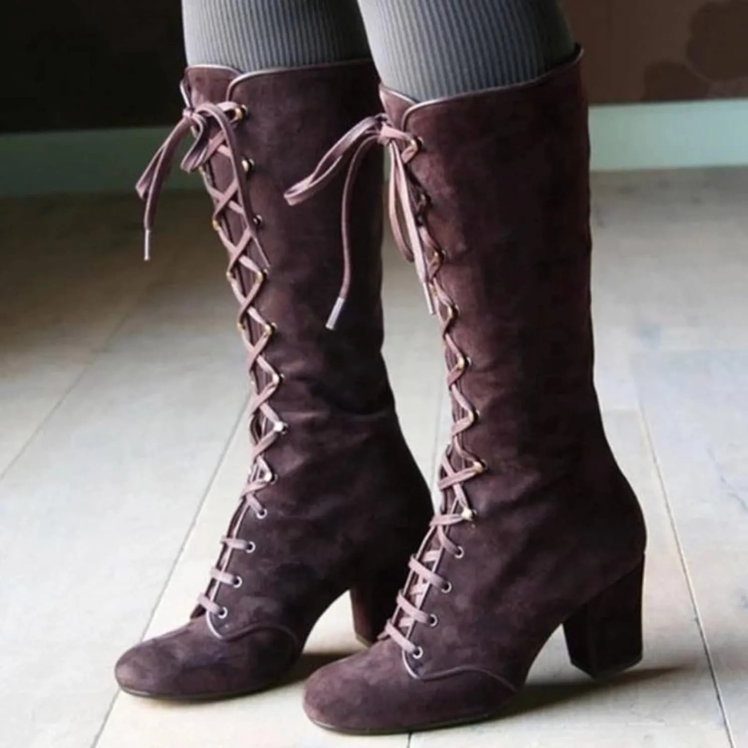 Knee High Boots Women Wide Calf Lace Up Knee High Boots Chunky Heel Vintage Retro Round Toe Lace Up Low Heel Shoes