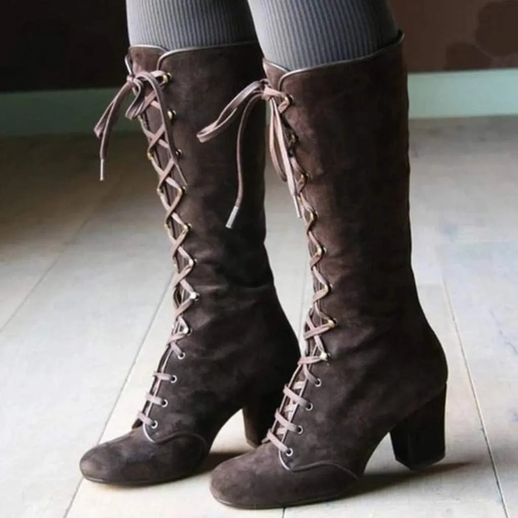 Knee High Boots Women Wide Calf Lace Up Knee High Boots Chunky Heel Vintage Retro Round Toe Lace Up Low Heel Shoes