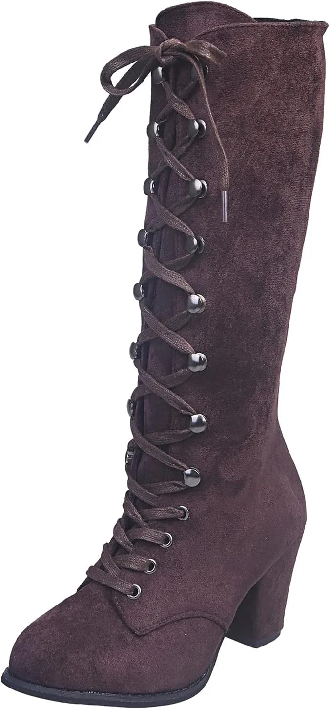 Knee High Boots Women Wide Calf Lace Up Knee High Boots Chunky Heel Vintage Retro Round Toe Lace Up Low Heel Shoes