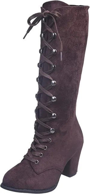Knee High Boots Women Wide Calf Lace Up Knee High Boots Chunky Heel Vintage Retro Round Toe Lace Up Low Heel Shoes