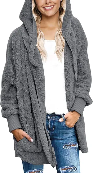 Knemksplanet Womens Fuzzy Jacket Long Sleeve Sherpa Coat Open Front Hooded Cardigan Coats Outwear with Pockets