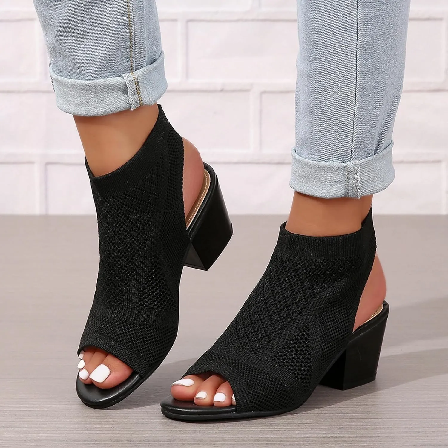 Knit Cutout Sandals for Women Fashion Slingback Mesh Chunky High Heel Booties Peep Toe Breathable Dressy Heeled Shoes