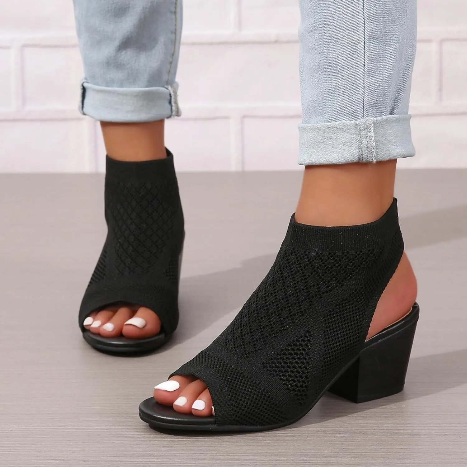 Knit Cutout Sandals for Women Fashion Slingback Mesh Chunky High Heel Booties Peep Toe Breathable Dressy Heeled Shoes