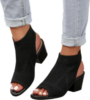Knit Cutout Sandals for Women Fashion Slingback Mesh Chunky High Heel Booties Peep Toe Breathable Dressy Heeled Shoes