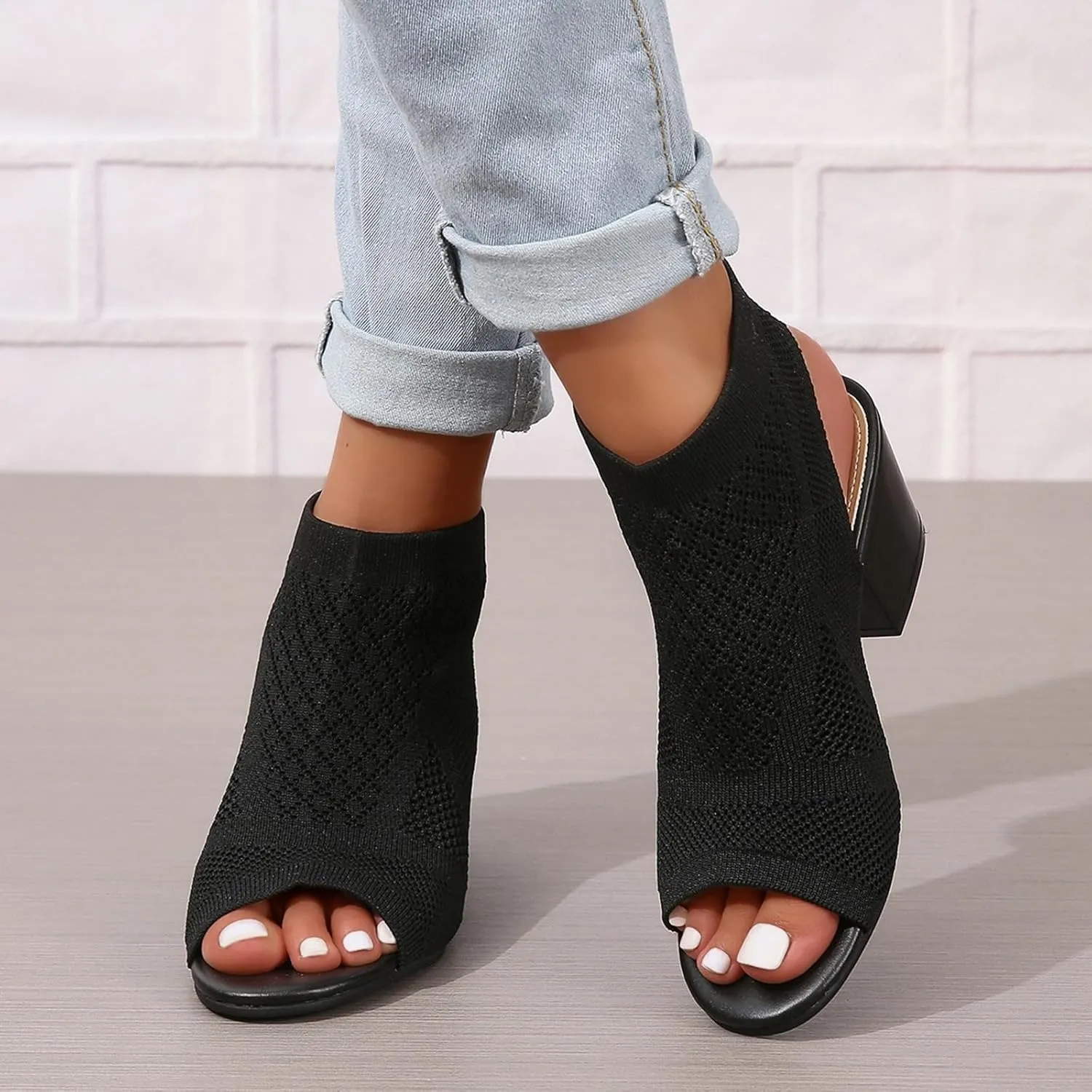 Knit Cutout Sandals for Women Fashion Slingback Mesh Chunky High Heel Booties Peep Toe Breathable Dressy Heeled Shoes