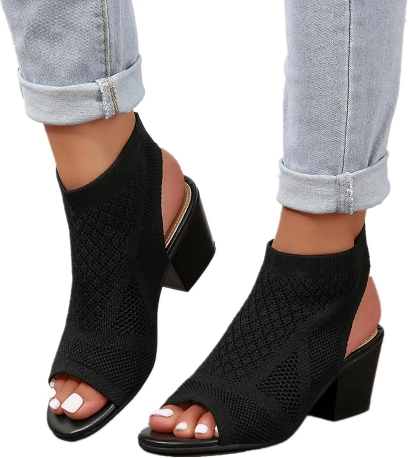 Knit Cutout Sandals for Women Fashion Slingback Mesh Chunky High Heel Booties Peep Toe Breathable Dressy Heeled Shoes