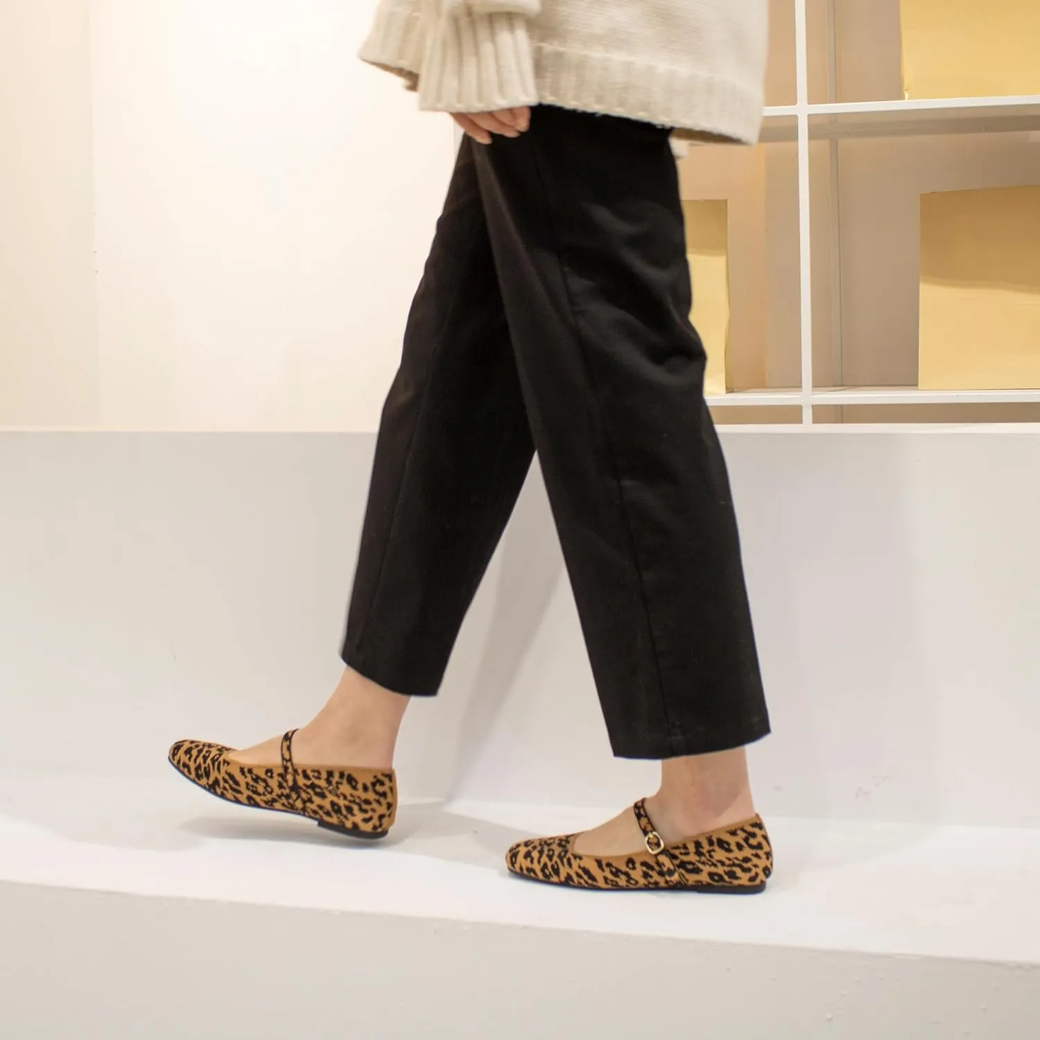Knit Flats for Women Square Toe Flats Casual Ballet Flats with Ankle Strap,Mary Jane Shoes Women Comfortable for Dressy Office
