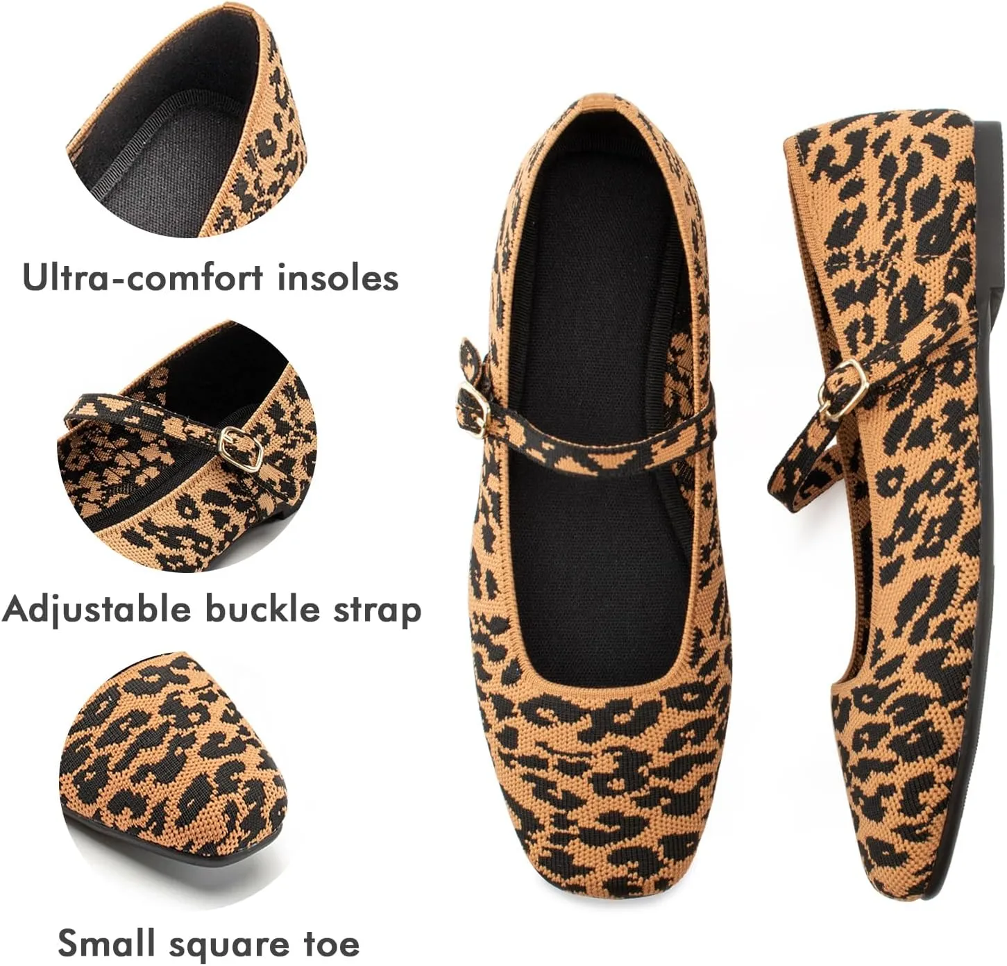Knit Flats for Women Square Toe Flats Casual Ballet Flats with Ankle Strap,Mary Jane Shoes Women Comfortable for Dressy Office