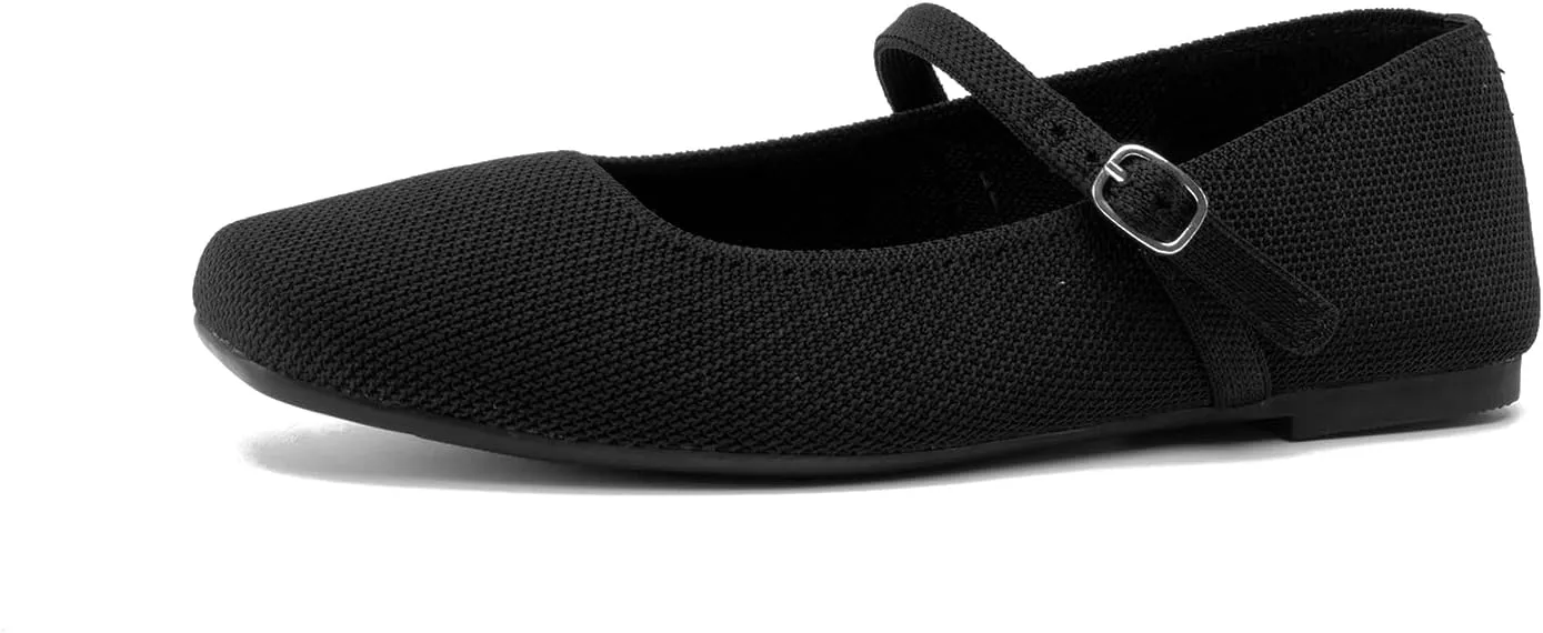 Knit Flats for Women Square Toe Flats Casual Ballet Flats with Ankle Strap,Mary Jane Shoes Women Comfortable for Dressy Office