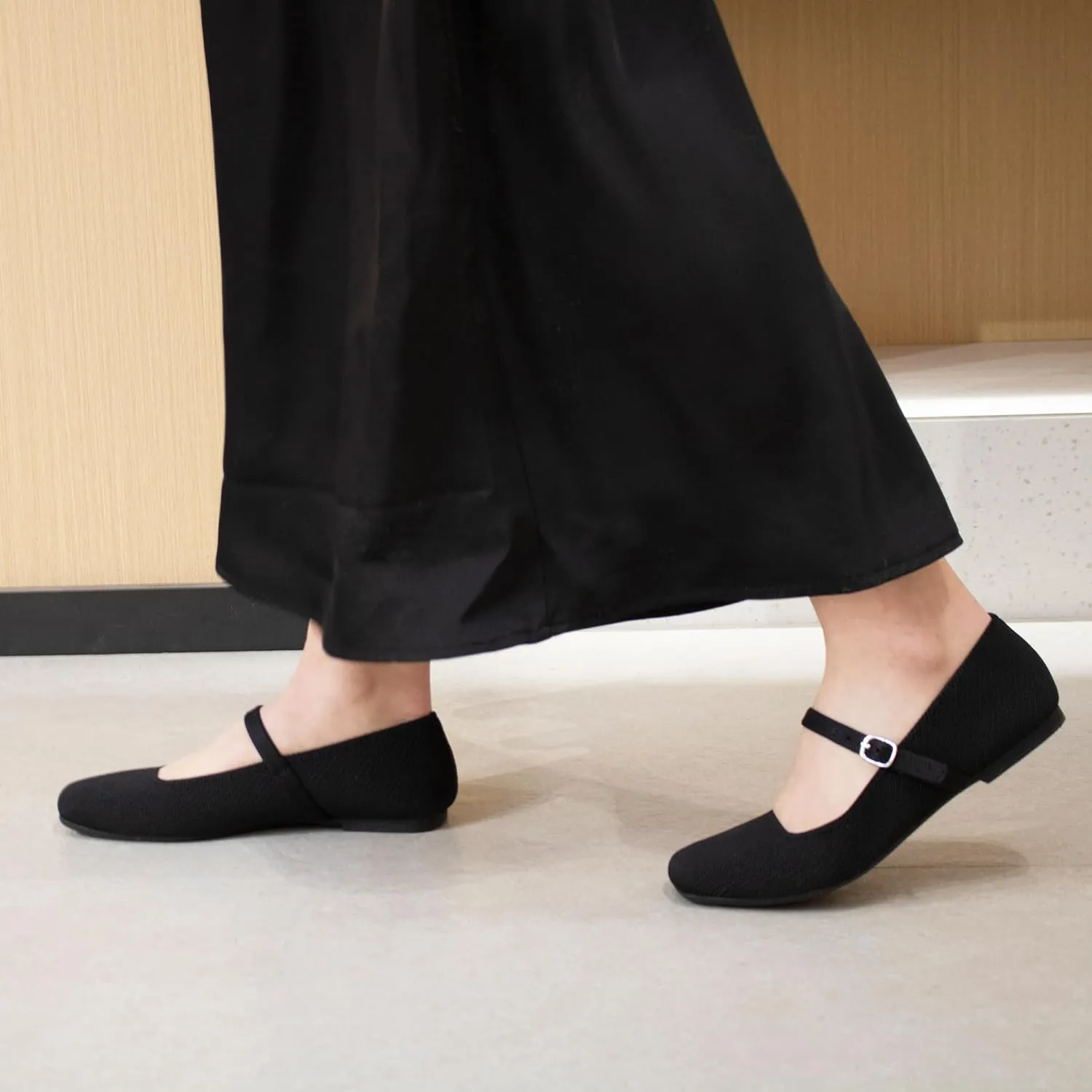 Knit Flats for Women Square Toe Flats Casual Ballet Flats with Ankle Strap,Mary Jane Shoes Women Comfortable for Dressy Office