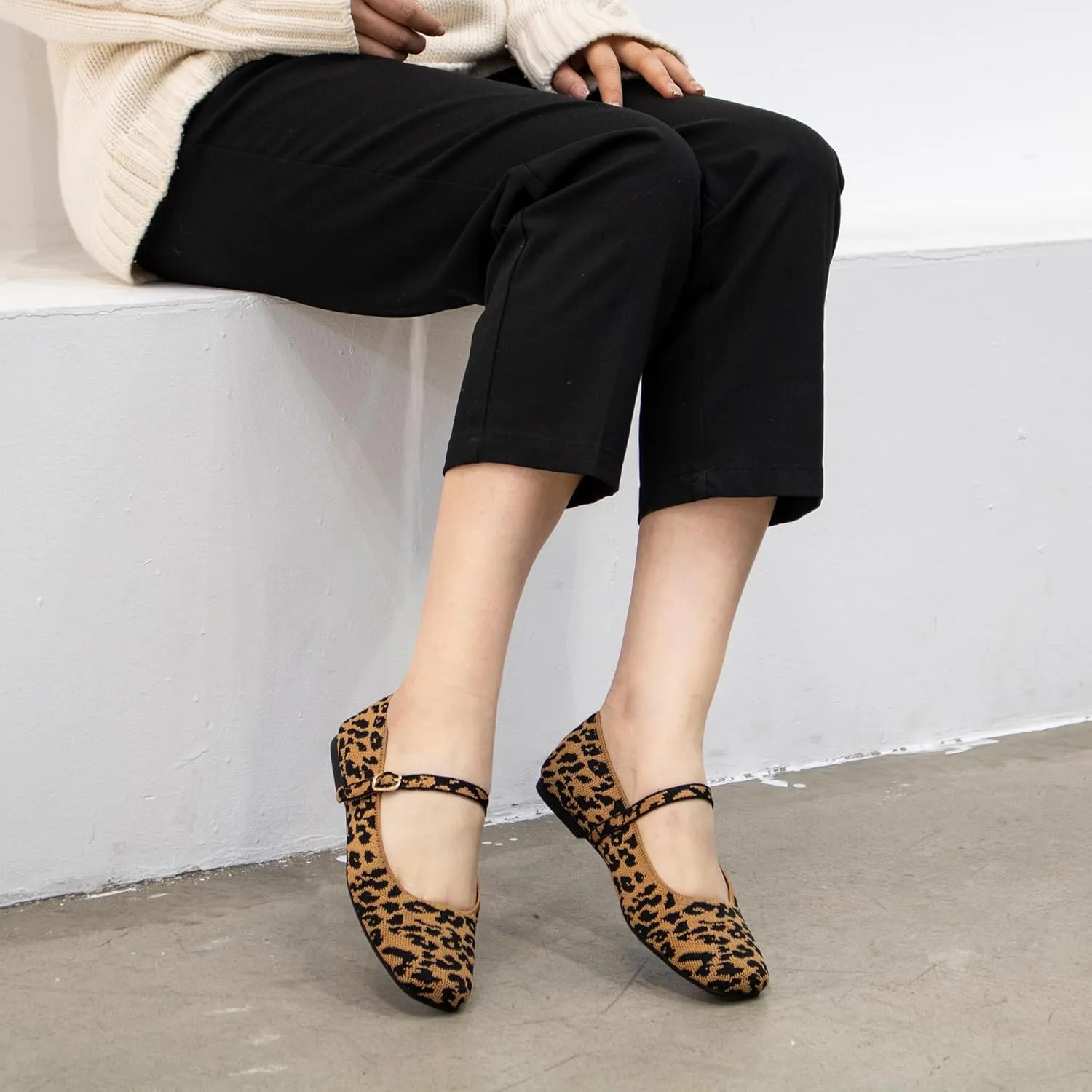 Knit Flats for Women Square Toe Flats Casual Ballet Flats with Ankle Strap,Mary Jane Shoes Women Comfortable for Dressy Office