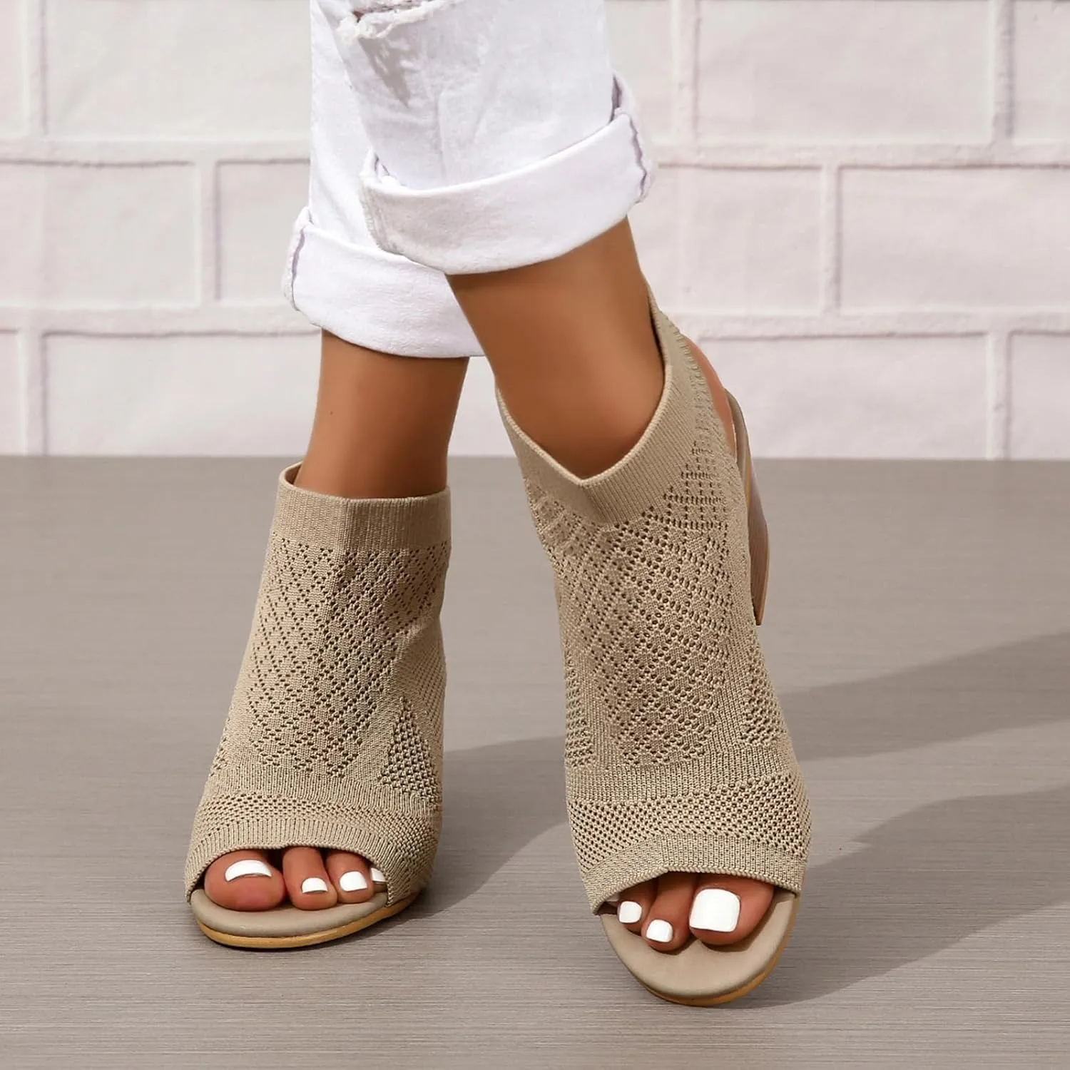 Knit Peep Toe Booties for Women Fashion Chunky Block Heel Cutout Sandals Slingback Mesh Breathable Dress Heeled Shoes