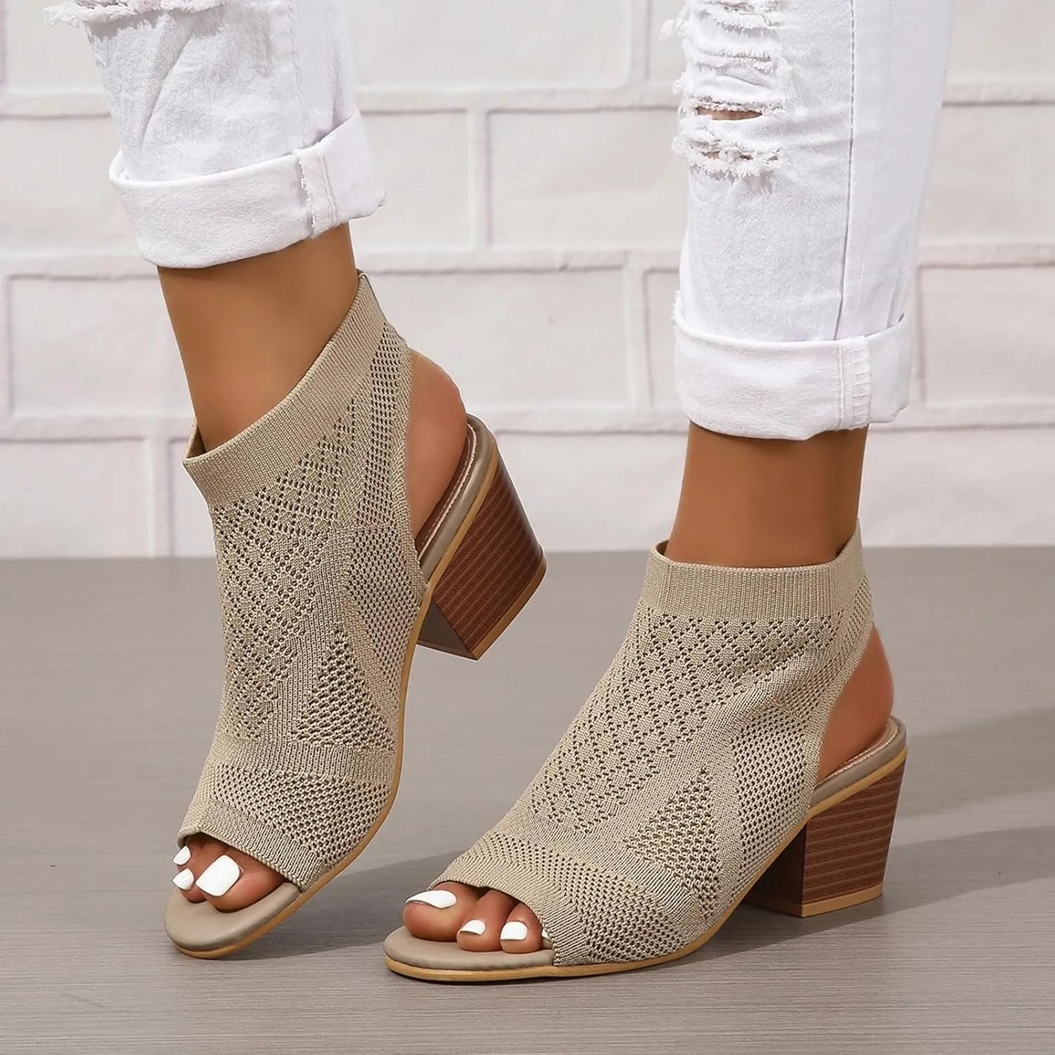 Knit Peep Toe Booties for Women Fashion Chunky Block Heel Cutout Sandals Slingback Mesh Breathable Dress Heeled Shoes