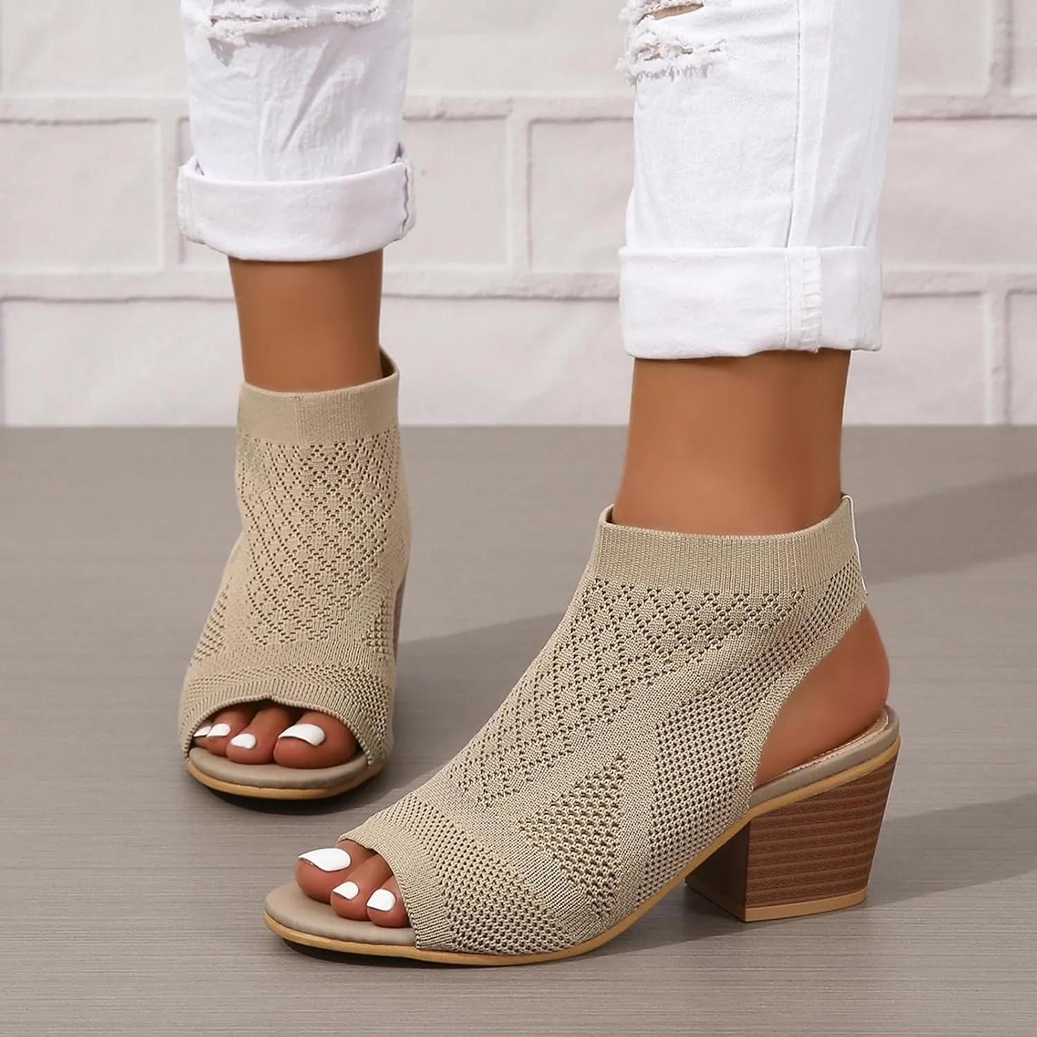 Knit Peep Toe Booties for Women Fashion Chunky Block Heel Cutout Sandals Slingback Mesh Breathable Dress Heeled Shoes