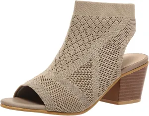 Knit Peep Toe Booties for Women Fashion Chunky Block Heel Cutout Sandals Slingback Mesh Breathable Dress Heeled Shoes